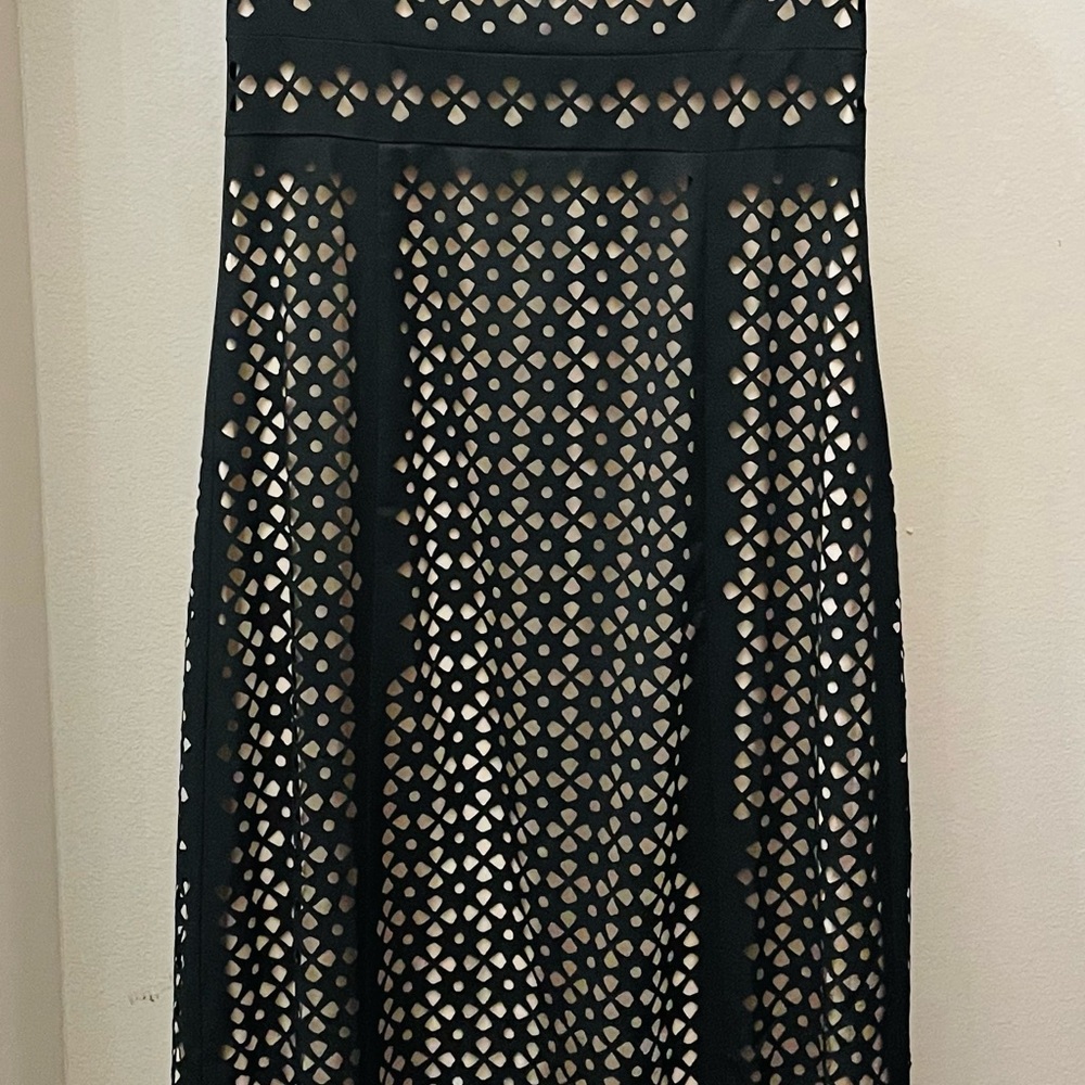 Elliatt Black and White Midi A-Line Skirt with Cut Out Details